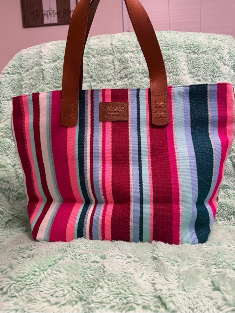 A Mano Multicolor Striped Tote Bag with Brown Leather Handles